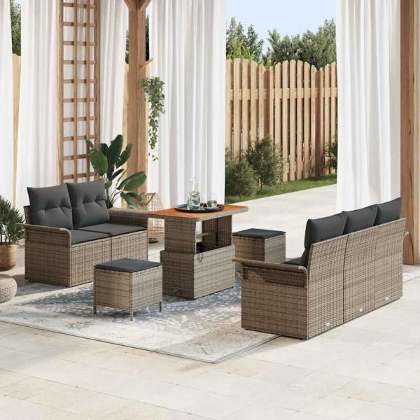 ARDEBO.de - 8-teiliges Garten-Sofa-Set mit Kissen Grau Poly Rattan Akazie, 2-Sitzer Garten-Sofa mit Stauraum & Kissen Grau Poly Rattan, 3-teiliges Garten-Ess-Set mit Kissen Grau Poly Rattan Akazie