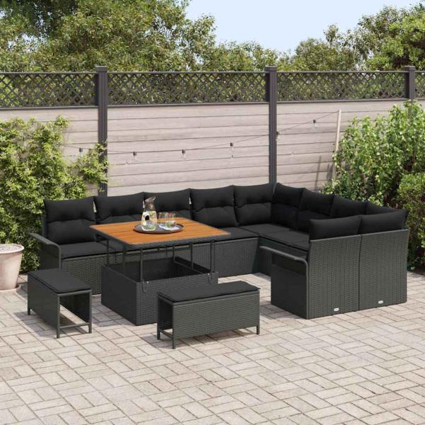12-teiliges Garten-Sofa-Set mit Kissen Schwarz Poly Rattan Akazie, 2-Sitzer Garten-Sofa mit Stauraum und Kissen Schwarz Poly Rattan, 3-teiliges Garten-Ess-Set mit Kissen Schwarz Poly Rattan Akazie