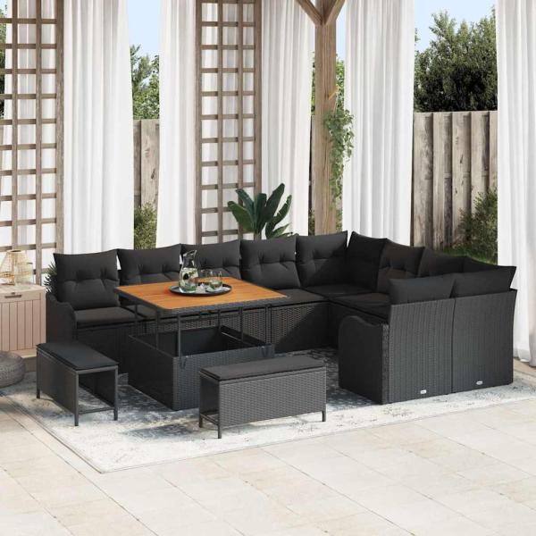 ARDEBO.de - 12-teiliges Garten Sofa Set mit Kissen Schwarz Poly Rattan Akazie, 2-Sitzer Garten Sofa mit Stauraum & Kissen Schwarz Poly Rattan, 3-teiliges Garten Essset mit Kissen Schwarz Poly Rattan Akazie