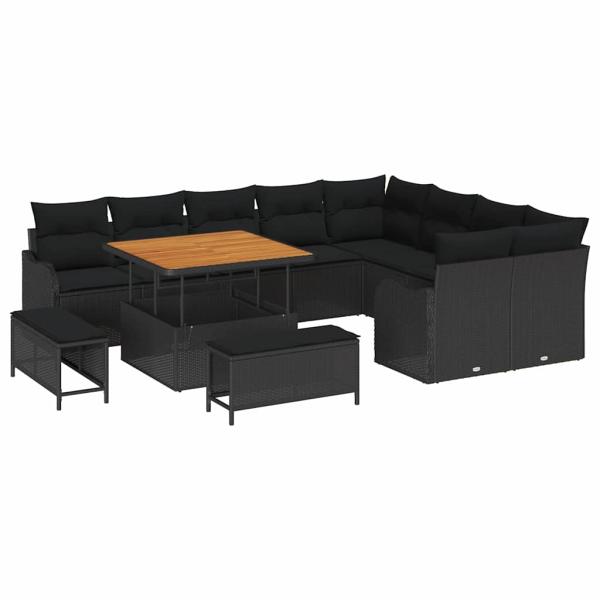 12-teiliges Garten Sofa Set mit Kissen Schwarz Poly Rattan Akazie, 2-Sitzer Garten Sofa mit Stauraum & Kissen Schwarz Poly Rattan, 3-teiliges Garten Essset mit Kissen Schwarz Poly Rattan Akazie