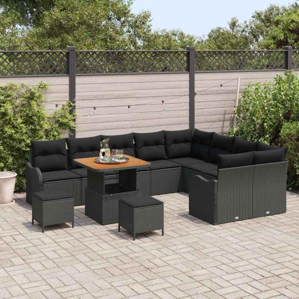 12-teiliges Garten-Sofa-Set mit Kissen Schwarz Poly-Rattan Akazie, 2-Sitzer Garten-Sofa mit Stauraum und Kissen Schwarz Poly-Rattan, 3-teiliges Garten-Dining-Set mit Kissen Schwarz Poly-Rattan Akazie