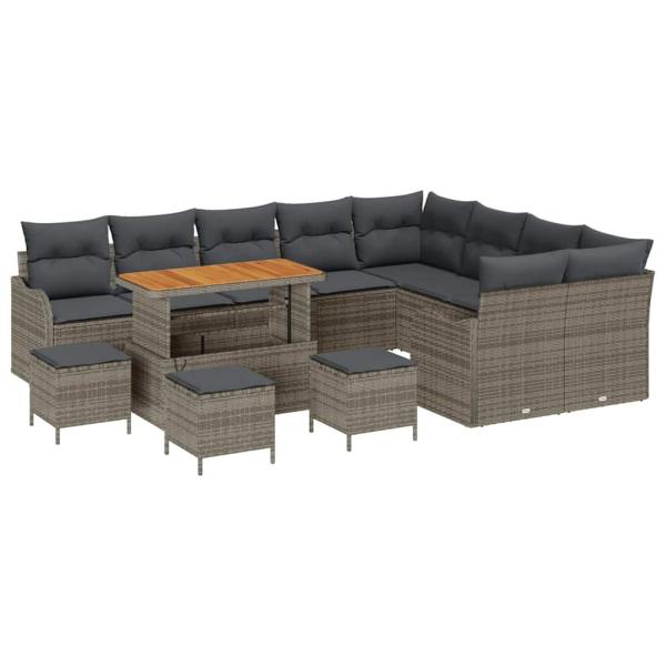 13-teiliges Garten Sofa Set mit Kissen Grau Poly Rattan Akazie, 2-Sitzer Garten Sofa mit Stauraum & Kissen Grau Poly Rattan, 4-teiliges Garten Essset mit Kissen Grau Poly Rattan Akazie