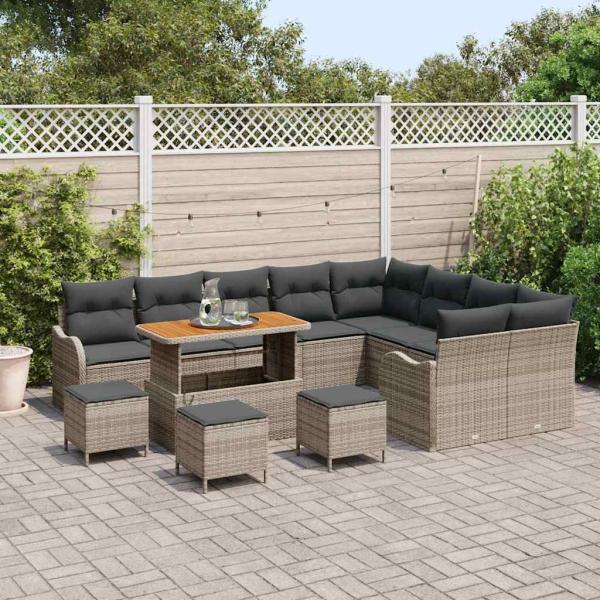13-teiliges Garten Sofa Set mit Kissen Grau Poly Rattan Akazie, 2-Sitzer Garten Sofa mit Stauraum & Kissen Grau Poly Rattan, 4-teiliges Garten Essset mit Kissen Grau Poly Rattan Akazie