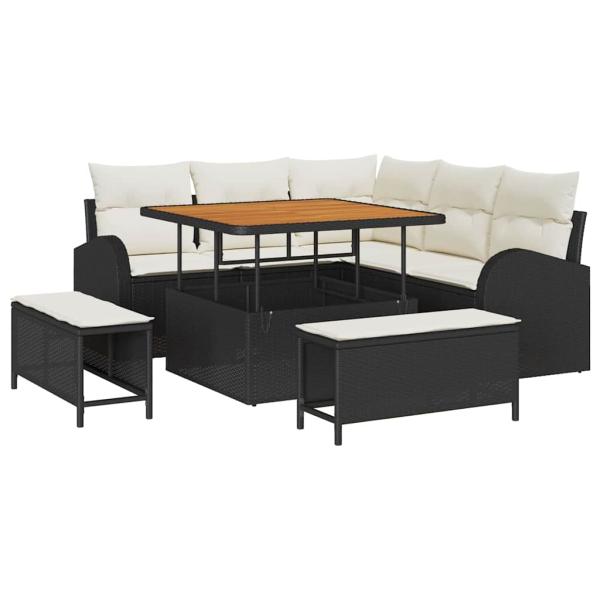 8-teiliges Garten-Sofa-Set mit Kissen, schwarzes Poly-Rattan, Akazie, 2-Sitzer Garten-Sofa mit Stauraum & Kissen, schwarzes Poly-Rattan, 3-teiliges Garten-Ess-Set mit Kissen, schwarzes Poly-Rattan, Akazie