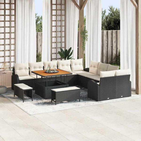 ARDEBO.de - 13-Teiliges Garten Sofa Set mit Kissen Schwarz Poly Rattan Akazie, 2-Sitzer Garten Sofa mit Stauraum und Kissen Schwarz Poly Rattan, 3-Teiliges Garten Essset mit Kissen Schwarz Poly Rattan Akazie