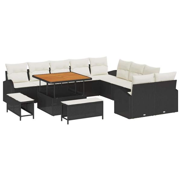 13-Teiliges Garten Sofa Set mit Kissen Schwarz Poly Rattan Akazie, 2-Sitzer Garten Sofa mit Stauraum und Kissen Schwarz Poly Rattan, 3-Teiliges Garten Essset mit Kissen Schwarz Poly Rattan Akazie