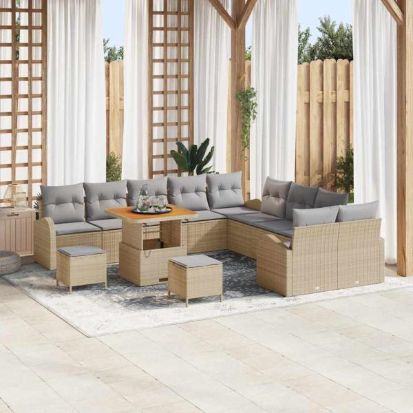 ARDEBO.de - 13-teiliges Garten Sofa Set mit Kissen Beige Poly-Rattan Akazie, 2-Sitzer Garten Sofa mit Stauraum & Kissen Beige Poly-Rattan, 3-teiliges Garten Essset mit Kissen Beige Poly-Rattan Akazie