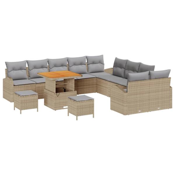 13-teiliges Garten Sofa Set mit Kissen Beige Poly-Rattan Akazie, 2-Sitzer Garten Sofa mit Stauraum & Kissen Beige Poly-Rattan, 3-teiliges Garten Essset mit Kissen Beige Poly-Rattan Akazie