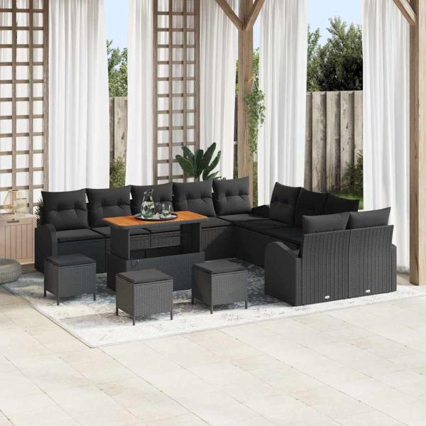 ARDEBO.de - 14-teiliges Garten-Sofa-Set mit Kissen Schwarz Poly-Rattan Akazie, 2-Sitzer Garten-Sofa mit Stauraum und Kissen Schwarz Poly-Rattan, 4-teiliges Garten-Ess-Set mit Kissen Schwarz Poly-Rattan Akazie