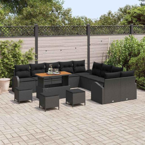 14-teiliges Garten-Sofa-Set mit Kissen Schwarz Poly-Rattan Akazie, 2-Sitzer Garten-Sofa mit Stauraum und Kissen Schwarz Poly-Rattan, 4-teiliges Garten-Ess-Set mit Kissen Schwarz Poly-Rattan Akazie