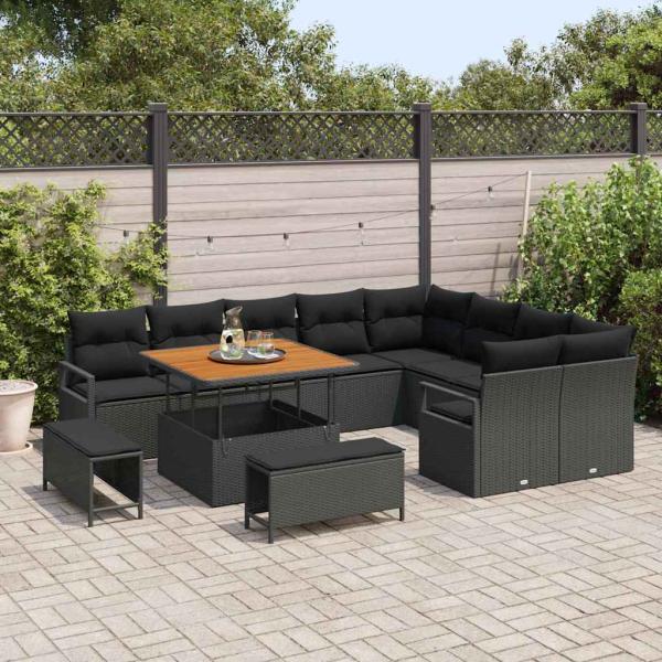 12-teiliges Garten-Sofa-Set mit Kissen Schwarz Poly-Rattan Akazie, 2-Sitzer Garten-Sofa mit Stauraum & Kissen Schwarz Poly-Rattan, 3-teiliges Garten-Dining-Set mit Kissen Schwarz Poly-Rattan Akazie