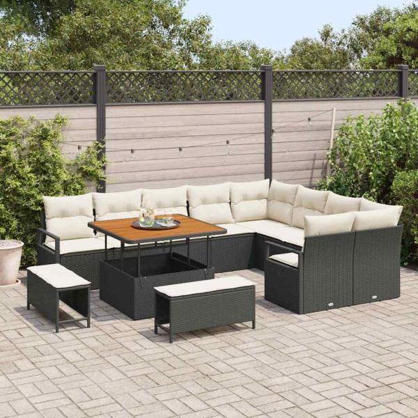 12-teiliges Garten Sofa Set mit Kissen Schwarz Poly Rattan Akazie, 2-Sitzer Garten Sofa mit Stauraum & Kissen Schwarz Poly Rattan, 3-teiliges Garten Essset mit Kissen Schwarz Poly Rattan Akazie