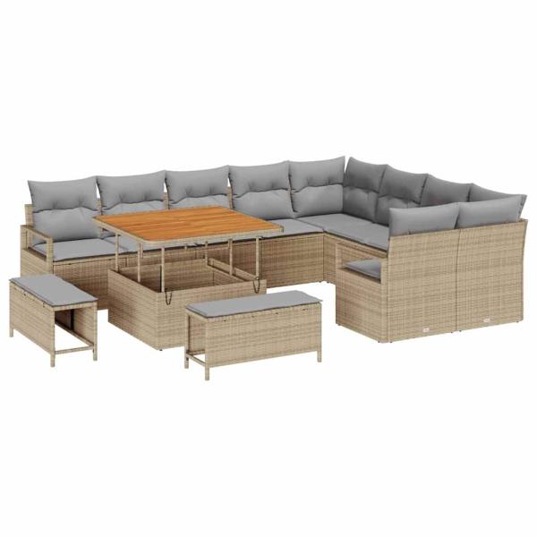 12-teiliges Garten Sofa Set mit Kissen Beige Poly Rattan Akazie, 2-Sitzer Garten Sofa mit Stauraum & Kissen Beige Poly Rattan, 3-teiliges Garten Esszimmer Set mit Kissen Beige Poly Rattan Akazie