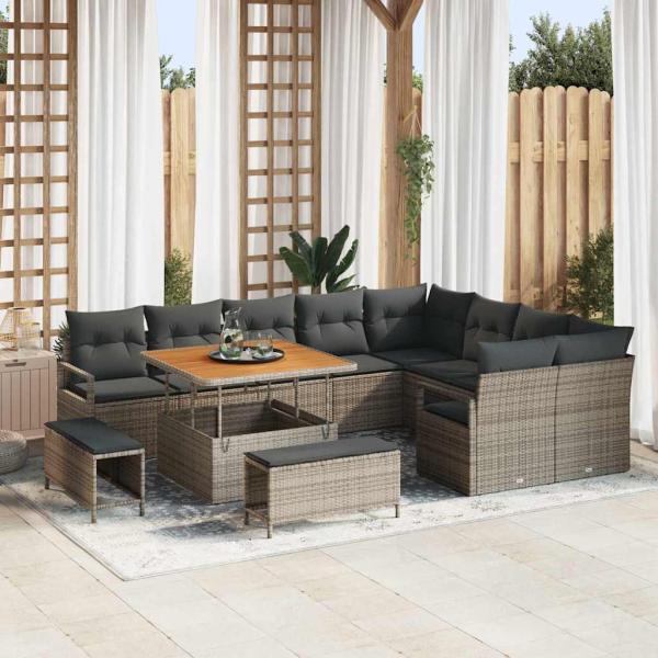 ARDEBO.de - 12-teiliges Garten Sofa Set mit Kissen Grau Poly Rattan Akazie, 2-Sitzer Garten Sofa mit Stauraum & Kissen Grau Poly Rattan, 3-teiliges Garten Esszimmer Set mit Kissen Grau Poly Rattan Akazie