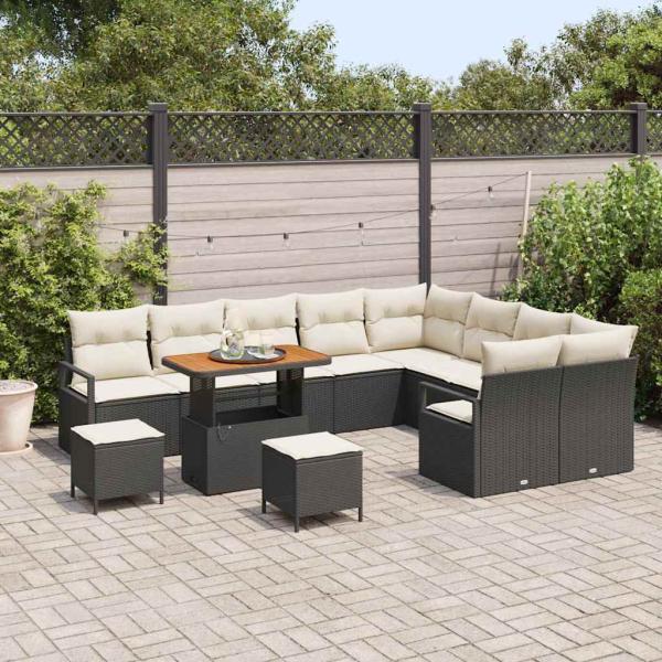 12-teilige Garten Sofa Set mit Kissen Schwarz Poly Rattan Akazie, 2-Sitzer Garten Sofa mit Stauraum & Kissen Schwarz Poly Rattan, 3-teilige Garten Essgruppe mit Kissen Schwarz Poly Rattan Akazie