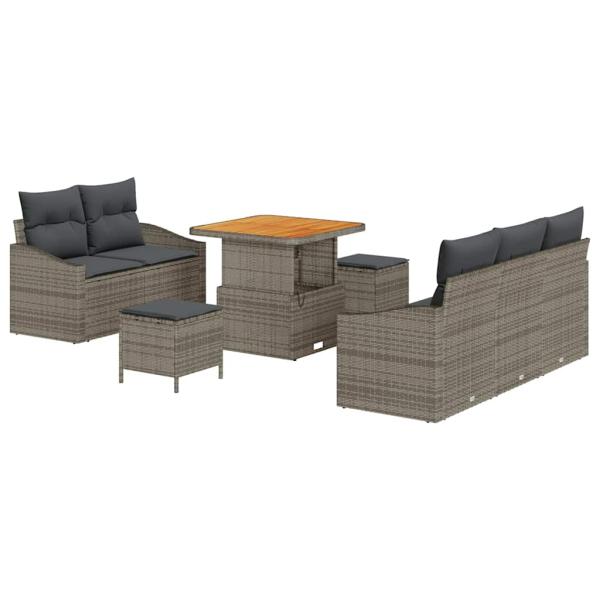 8-teiliges Garten Sofa Set mit Kissen Grau Poly Rattan Akazie, 2-Sitzer Garten Sofa mit Stauraum & Kissen Grau Poly Rattan, 3-teiliges Garten Essset mit Kissen Grau Poly Rattan Akazie