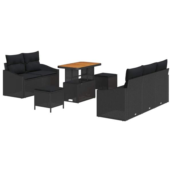 8-teiliges Garten Sofa Set mit Kissen Schwarz Poly Rattan Akazie, 2-Sitzer Garten Sofa mit Stauraum & Kissen Schwarz Poly Rattan, 3-teiliges Garten Essset mit Kissen Schwarz Poly Rattan Akazie