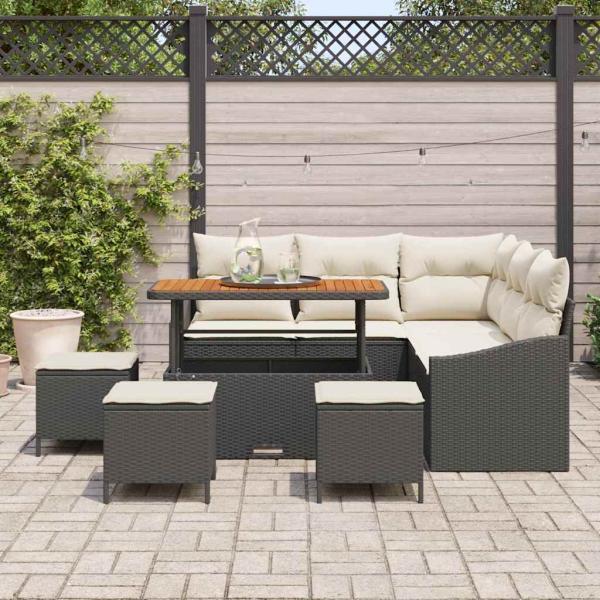 9-teiliges Garten Sofa Set mit Kissen Schwarz Poly Rattan Akazie, 2-Sitzer Garten Sofa mit Stauraum & Kissen Schwarz Poly Rattan, 4-teiliges Garten Esstisch Set mit Kissen Schwarz Poly Rattan Akazie