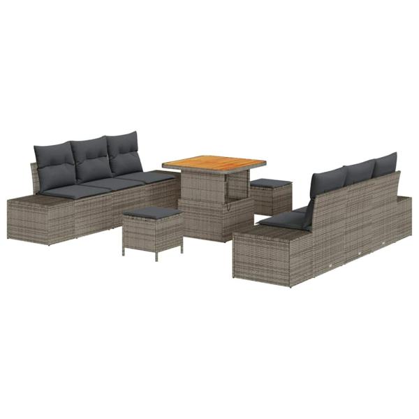 9-teiliges Garten Sofa Set mit Kissen Grau Poly Rattan Akazie, 2-Sitzer Garten Sofa mit Stauraum & Kissen Grau Poly Rattan, 3-teiliges Garten Esstisch Set mit Kissen Grau Poly Rattan Akazie