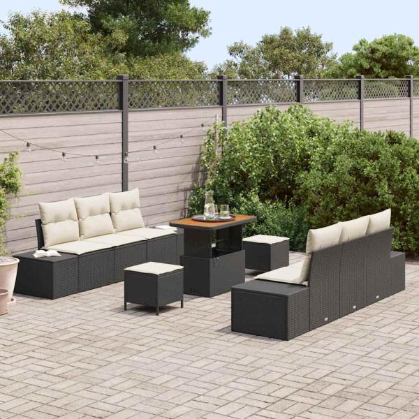 ARDEBO.de - 9-teiliges Garten Sofa Set mit Kissen Schwarz Poly Rattan Akazie, 2-Sitzer Garten Sofa mit Stauraum & Kissen Schwarz Poly Rattan, 3-teiliges Garten Ess-Set mit Kissen Schwarz Poly Rattan Akazie