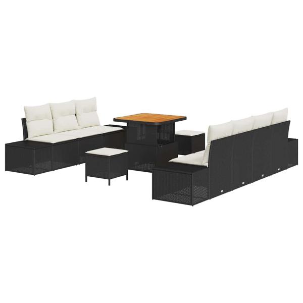 10-teiliges Garten Sofa Set mit Kissen Schwarz Poly Rattan Akazie, 2-Sitzer Garten Sofa mit Stauraum & Kissen Schwarz Poly Rattan, 3-teiliges Garten Ess-Set mit Kissen Schwarz Poly Rattan Akazie