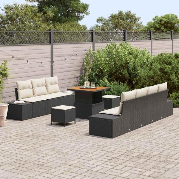 10-teiliges Garten Sofa Set mit Kissen Schwarz Poly Rattan Akazie, 2-Sitzer Garten Sofa mit Stauraum & Kissen Schwarz Poly Rattan, 3-teiliges Garten Ess-Set mit Kissen Schwarz Poly Rattan Akazie