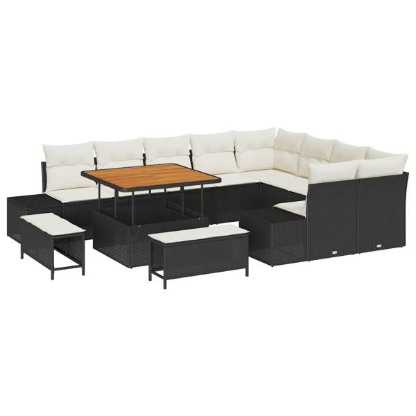 12-teiliges Garten Sofa Set mit Kissen Schwarz Poly Rattan Akazie, 2-Sitzer Garten Sofa mit Stauraum & Kissen Schwarz Poly Rattan, 3-teilige Garten Essgruppe mit Kissen Schwarz Poly Rattan Akazie