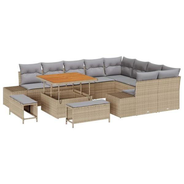 12-teiliges Garten-Sofa-Set mit Kissen Beige Poly-Rattan Akazie, 2-Sitzer-Garten-Sofa mit Stauraum & Kissen Beige Poly-Rattan, 3-teiliges Garten-Ess-Set mit Kissen Beige Poly-Rattan Akazie