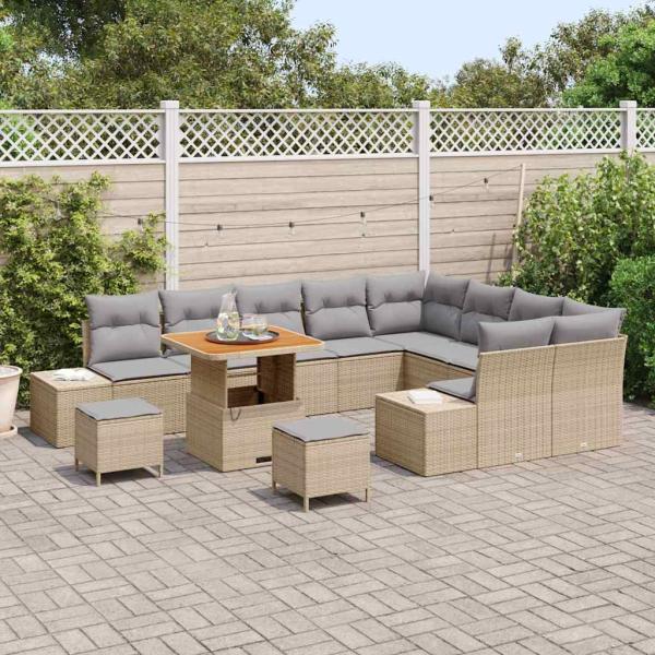 12-teiliges Garten-Sofa-Set mit Kissen Beige Poly-Rattan Akazie, 2-Sitzer Garten-Sofa mit Stauraum & Kissen Beige Poly-Rattan, 3-teiliges Garten-Esszimmer-Set mit Kissen Beige Poly-Rattan Akazie