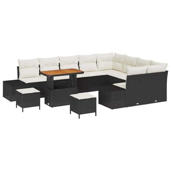 12-teiliges Garten Sofa Set mit Kissen Schwarz Poly Rattan Akazie, 2-Sitzer Garten Sofa mit Stauraum & Kissen Schwarz Poly Rattan, 3-teiliges Garten Ess Set mit Kissen Schwarz Poly Rattan Akazie