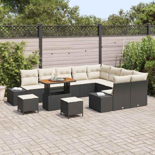 12-teiliges Garten Sofa Set mit Kissen Schwarz Poly Rattan Akazie, 2-Sitzer Garten Sofa mit Stauraum & Kissen Schwarz Poly Rattan, 3-teiliges Garten Ess Set mit Kissen Schwarz Poly Rattan Akazie