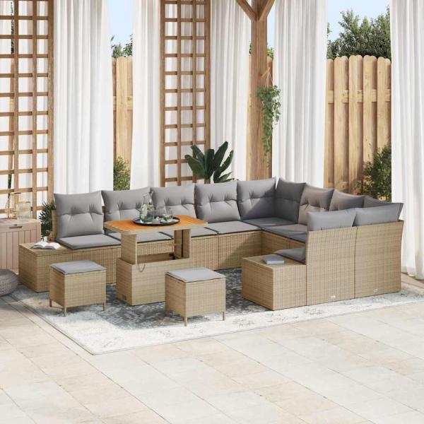 ARDEBO.de - 12-teiliges Garten Sofa Set mit Kissen Beige Poly Rattan Akazie, 2-Sitzer Garten Sofa mit Stauraum & Kissen Beige Poly Rattan, 3-teiliges Garten Essenset mit Kissen Beige Poly Rattan Akazie