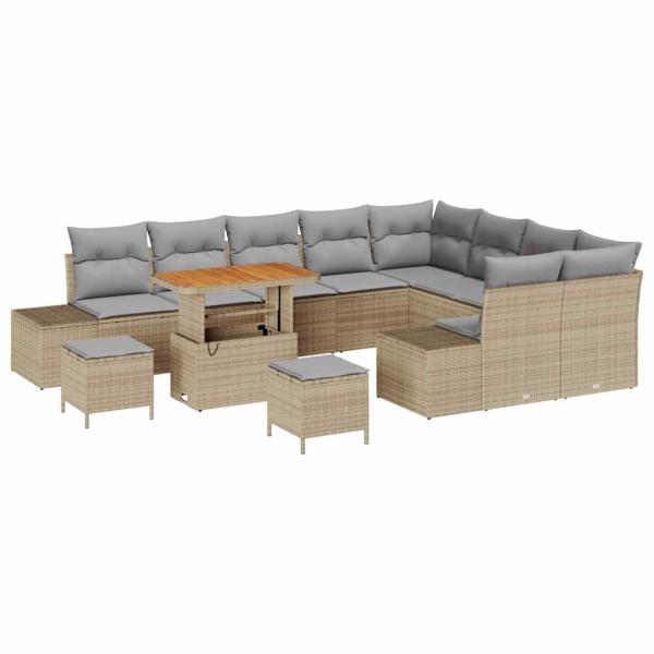 12-teiliges Garten Sofa Set mit Kissen Beige Poly Rattan Akazie, 2-Sitzer Garten Sofa mit Stauraum & Kissen Beige Poly Rattan, 3-teiliges Garten Essenset mit Kissen Beige Poly Rattan Akazie