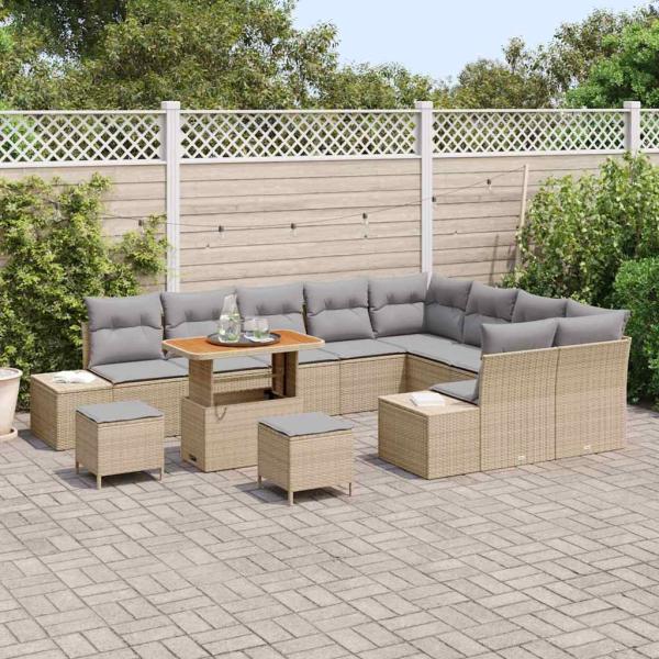 12-teiliges Garten Sofa Set mit Kissen Beige Poly Rattan Akazie, 2-Sitzer Garten Sofa mit Stauraum & Kissen Beige Poly Rattan, 3-teiliges Garten Essenset mit Kissen Beige Poly Rattan Akazie