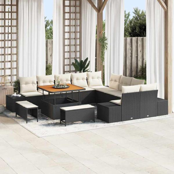 ARDEBO.de - 13-teiliges Garten-Sofa-Set mit Kissen Schwarz Poly-Rattan Akazie, 2-Sitzer Garten-Sofa mit Stauraum und Kissen Schwarz Poly-Rattan, 3-teiliges Garten-Essset mit Kissen Schwarz Poly-Rattan Akazie