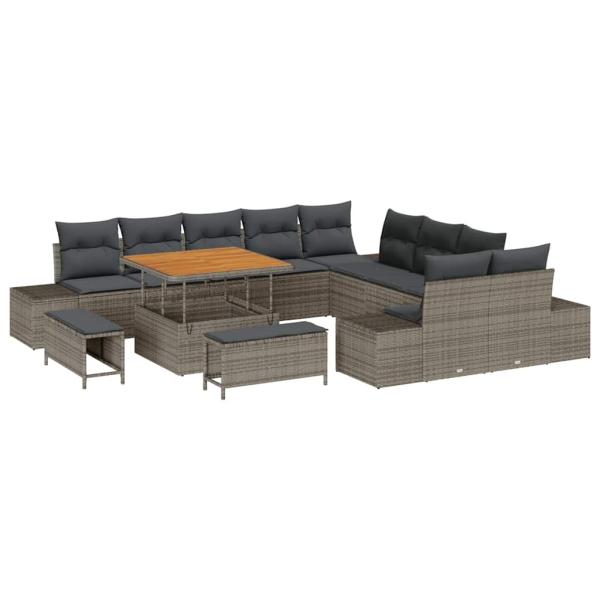13-teiliges Garten Sofa Set mit Kissen Grau Poly-Rattan Akazie, 2-Sitzer Garten Sofa mit Stauraum & Kissen Grau Poly-Rattan, 3-teiliges Garten Esstisch Set mit Kissen Grau Poly-Rattan Akazie