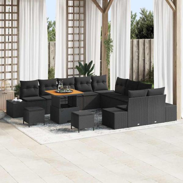 ARDEBO.de - 13-teiliges Garten-Sofa Set mit Kissen Schwarz Poly-Rattan Akazie, 2-Sitzer Garten-Sofa mit Stauraum & Kissen Schwarz Poly-Rattan, 3-teiliges Garten-Essset mit Kissen Schwarz Poly-Rattan Akazie