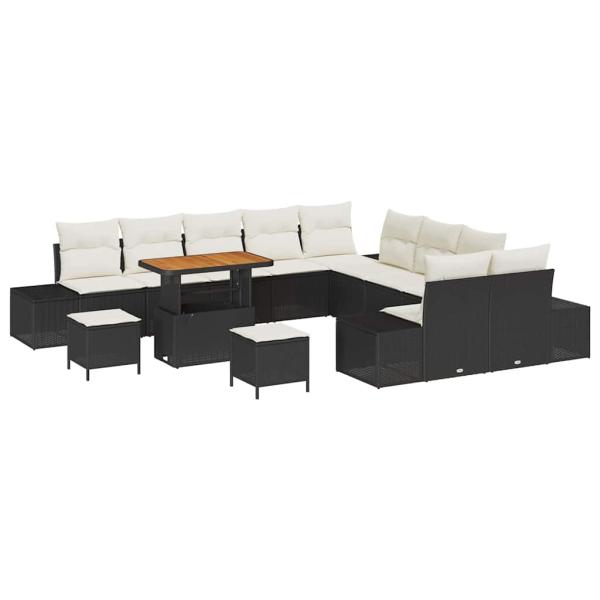 13-teiliges Garten Sofa Set mit Kissen Schwarz Poly-Rattan Akazie, 2-Sitzer Garten Sofa mit Stauraum & Kissen Schwarz Poly-Rattan, 3-teiliges Garten Essset mit Kissen Schwarz Poly-Rattan Akazie