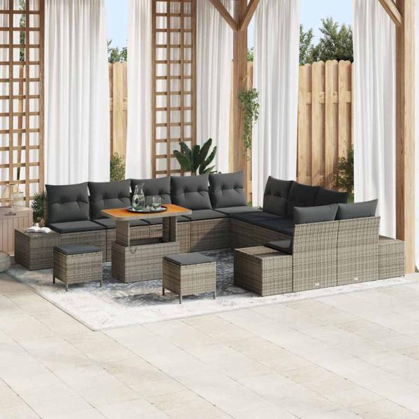 ARDEBO.de - 13-teiliges Garten-Sofa-Set mit Kissen Grau Poly Rattan Akazie, 2-Sitzer Garten-Sofa mit Stauraum und Kissen Grau Poly Rattan, 3-teiliges Garten-Dining-Set mit Kissen Grau Poly Rattan Akazie