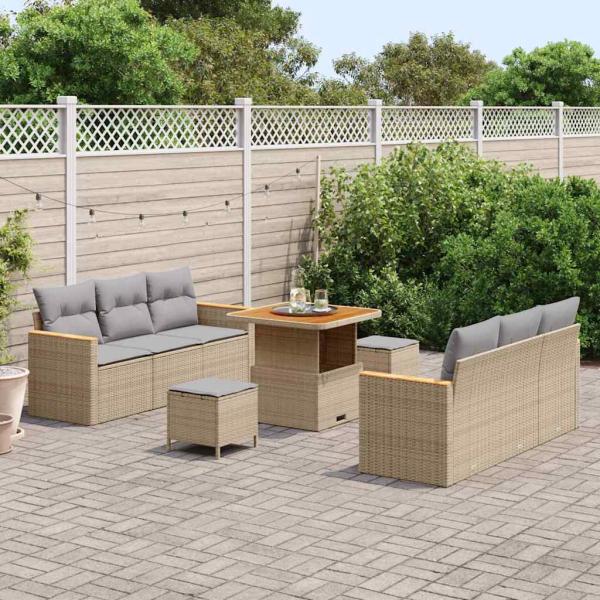 9-teiliges Garten Sofa Set mit Kissen Beige Poly Rattan Akazie, 3-teiliges Garten Essbereich Set mit Kissen Beige Poly Rattan Akazie