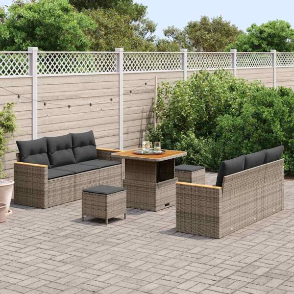 9-teiliges Garten-Sofa-Set mit Kissen Grau Poly-Rattan Akazie, 3-teiliges Garten-Dining-Set mit Kissen Grau Poly-Rattan Akazie