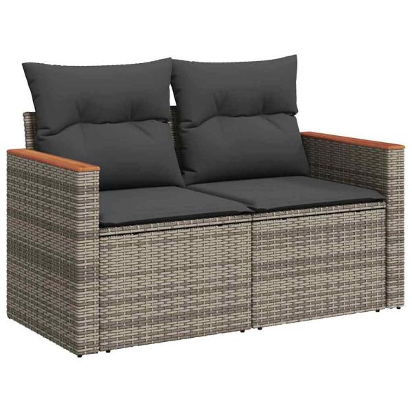 9-teiliges Garten-Sofa-Set mit Kissen Grau Poly-Rattan Akazie, 3-teiliges Garten-Dining-Set mit Kissen Grau Poly-Rattan Akazie