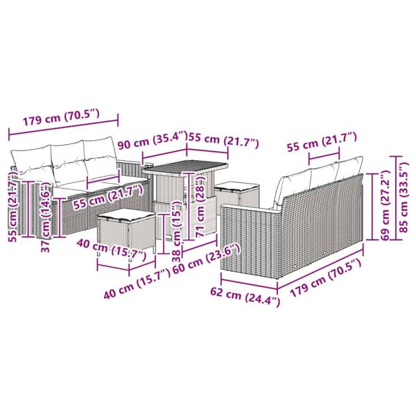 Gartensofa-set mit Kissen 11 pcs Beige und Hellgrau Poly-Rattan
