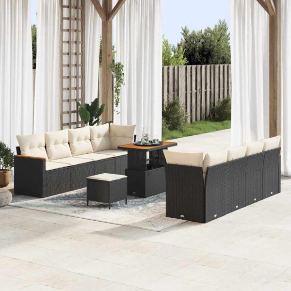 ARDEBO.de - 11-teiliges Garten-Sofa Set mit Kissen Schwarz Poly-Rattan Akazie, 3-teiliges Garten-Ess-Set mit Kissen Schwarz Poly-Rattan Akazie