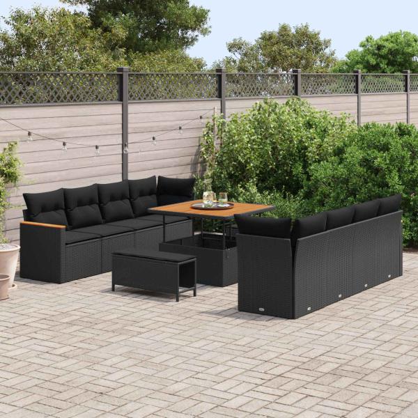 ARDEBO.de - 11-teiliges Garten Sofa Set mit Kissen Schwarz Poly Rattan Akazie, 3-teiliges Garten Esszimmer Set mit Kissen Schwarz Poly Rattan Akazie