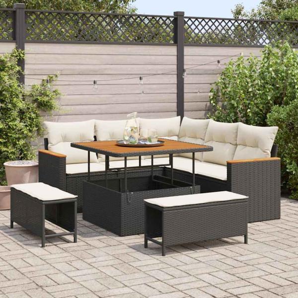 ARDEBO.de - 8-teiliges Garten Sofaset mit Kissen Schwarz Poly-Rattan Akazie, 3-teiliges Garten Essgruppe mit Kissen Schwarz Poly-Rattan Akazie