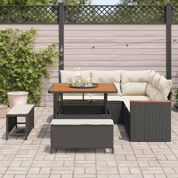 8-teiliges Garten Sofaset mit Kissen Schwarz Poly-Rattan Akazie, 3-teiliges Garten Essgruppe mit Kissen Schwarz Poly-Rattan Akazie