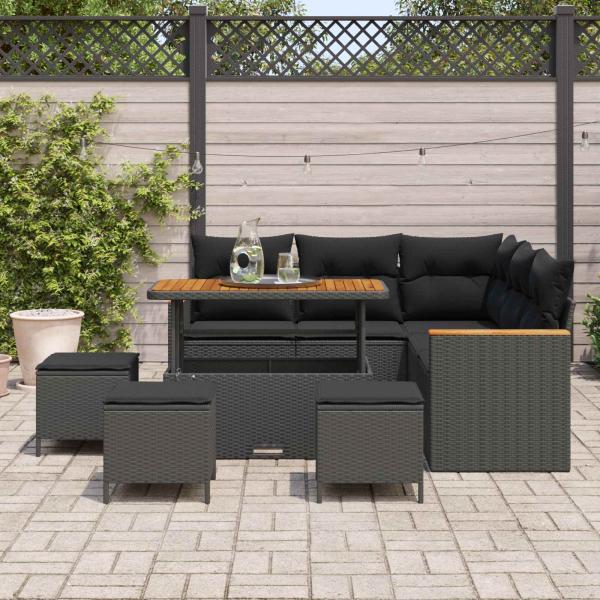 9-teilige Garten-Sofagarnitur mit Kissen schwarzes Poly-Rattan Akazie, 4-teilige Garten-Essgruppe mit Kissen schwarzes Poly-Rattan Akazie