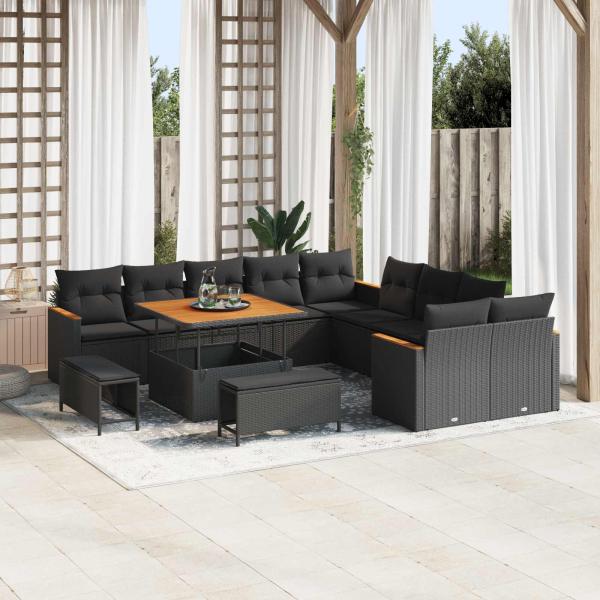 ARDEBO.de - 13-teiliges Garten Sofa Set mit Kissen Schwarz Poly Rattan Akazie, 3-teiliges Garten Essset mit Kissen Schwarz Poly Rattan Akazie