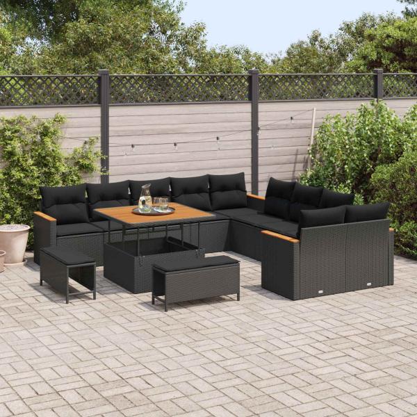 13-teiliges Garten Sofa Set mit Kissen Schwarz Poly Rattan Akazie, 3-teiliges Garten Essset mit Kissen Schwarz Poly Rattan Akazie